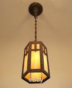 Vintage 1910 Art Craft Hanging Porch Hall Foyer Lantern Slag Glass Pendant Light