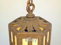 Vintage 1910 Art Craft Hanging Porch Hall Foyer Lantern Slag Glass Pendant Light