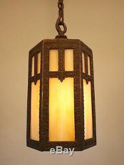 Vintage 1910 Art Craft Hanging Porch Hall Foyer Lantern Slag Glass Pendant Light