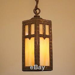 Vintage 1910 Art Craft Hanging Porch Hall Foyer Lantern Slag Glass Pendant Light