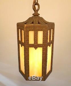 Vintage 1910 Art Craft Hanging Porch Hall Foyer Lantern Slag Glass Pendant Light