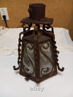 Vintage 1920's Glass Wrought Iron Glass Lantern Sconce Mission Revival Clear