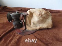 Vintage 1920s Antique Miners Hat Canvas/Leather Mining Cap with Carbide Lantern