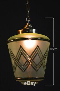 Vintage 1940s Art Deco brass Tint Frosted Gilt glass Light pendant lantern shade