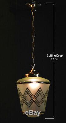 Vintage 1940s Art Deco brass Tint Frosted Gilt glass Light pendant lantern shade