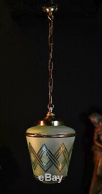 Vintage 1940s Art Deco brass Tint Frosted Gilt glass Light pendant lantern shade