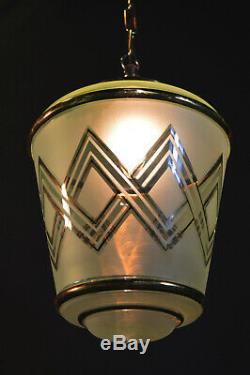 Vintage 1940s Art Deco brass Tint Frosted Gilt glass Light pendant lantern shade