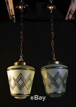 Vintage 1940s Art Deco brass Tint Frosted Gilt glass Light pendant lantern shade