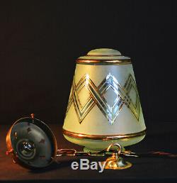 Vintage 1940s Art Deco brass Tint Frosted Gilt glass Light pendant lantern shade