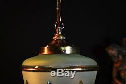 Vintage 1940s Art Deco brass Tint Frosted Gilt glass Light pendant lantern shade