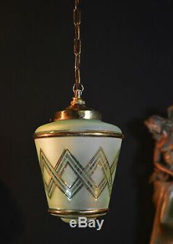 Vintage 1940s Art Deco brass Tint Frosted Gilt glass Light pendant lantern shade