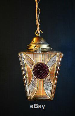 Vintage 1940s Art Deco bronze stained panel Gilt glass Light house lantern light