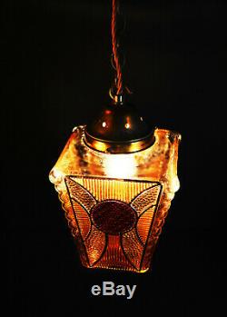 Vintage 1940s Art Deco bronze stained panel Gilt glass Light house lantern light