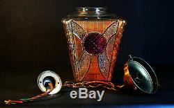 Vintage 1940s Art Deco bronze stained panel Gilt glass Light house lantern light