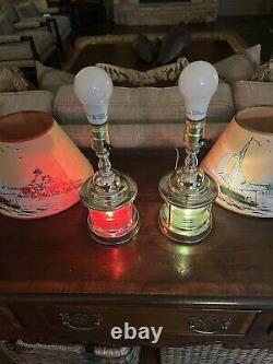 Vintage 1950's Nautical Table Lamps Mariner Ship Lanterns Original Shades PAIR