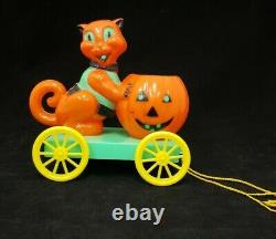 Vintage 1950's Rosbro Halloween Cat and Pumpkin Cart on Wheels Pull Toy