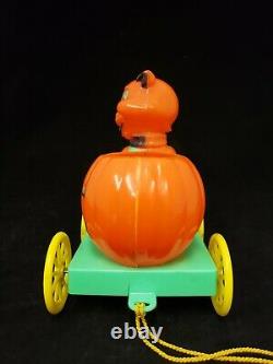 Vintage 1950's Rosbro Halloween Cat and Pumpkin Cart on Wheels Pull Toy