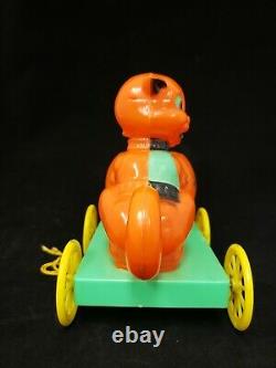 Vintage 1950's Rosbro Halloween Cat and Pumpkin Cart on Wheels Pull Toy