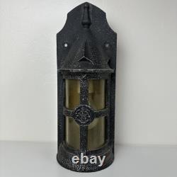 Vintage 1960 Wrought Iron Spanish Revival Wall Lantern Sconce Amber Bubble Glass