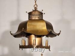 Vintage 1960s Mid Century Modern MCM Brass Pagoda 7 Light Lantern Chandelier