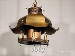 Vintage 1960s Mid Century Modern MCM Brass Pagoda 7 Light Lantern Chandelier