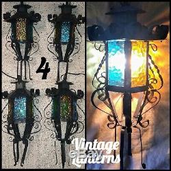 Vintage 1960s Spanish Revival Lantern Sconce Light Fixtures, Colored Glass Metal