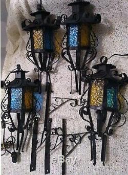 Vintage 1960s Spanish Revival Lantern Sconce Light Fixtures, Colored Glass Metal