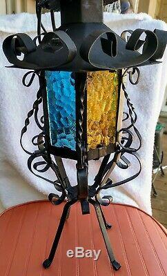 Vintage 1960s Spanish Revival Lantern Sconce Light Fixtures, Colored Glass Metal