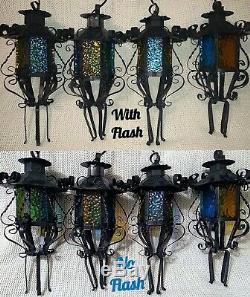 Vintage 1960s Spanish Revival Lantern Sconce Light Fixtures, Colored Glass Metal