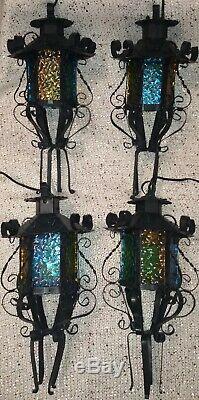 Vintage 1960s Spanish Revival Lantern Sconce Light Fixtures, Colored Glass Metal