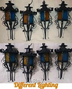 Vintage 1960s Spanish Revival Lantern Sconce Light Fixtures, Colored Glass Metal