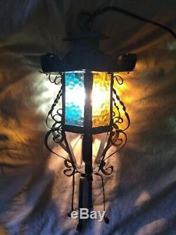 Vintage 1960s Spanish Revival Lantern Sconce Light Fixtures, Colored Glass Metal