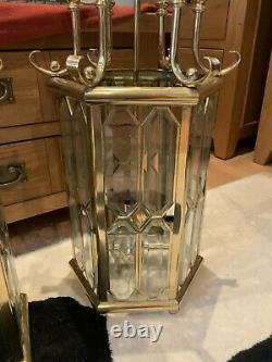 Vintage 3 x Solid Cast Brass Cut Glass Hexagonal Lantern 4 Lamp Light Fitting