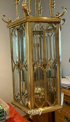 Vintage 3 x Solid Cast Brass Cut Glass Hexagonal Lantern 4 Lamp Light Fitting