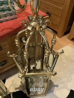 Vintage 3 x Solid Cast Brass Cut Glass Hexagonal Lantern 4 Lamp Light Fitting