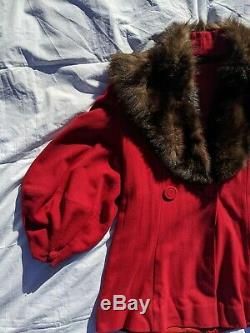 Vintage 40s Red Wool Lantern Poet Sleeve Insulated Fur Collar Coat L/XL