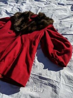 Vintage 40s Red Wool Lantern Poet Sleeve Insulated Fur Collar Coat L/XL