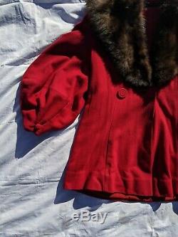 Vintage 40s Red Wool Lantern Poet Sleeve Insulated Fur Collar Coat L/XL