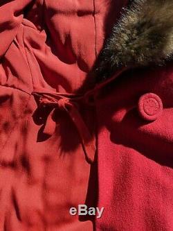 Vintage 40s Red Wool Lantern Poet Sleeve Insulated Fur Collar Coat L/XL