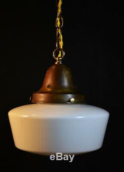 Vintage 40s art deco school house lantern light pendant Opaline milk glass shade