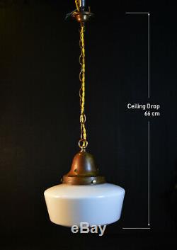 Vintage 40s art deco school house lantern light pendant Opaline milk glass shade