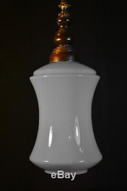 Vintage 40s art deco school house lantern light pendant Opaline milk glass shade