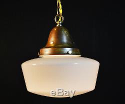 Vintage 40s art deco school house lantern light pendant Opaline milk glass shade