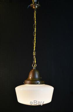 Vintage 40s art deco school house lantern light pendant Opaline milk glass shade