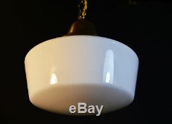 Vintage 40s art deco school house lantern light pendant Opaline milk glass shade