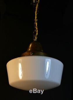 Vintage 40s art deco school house lantern light pendant Opaline milk glass shade