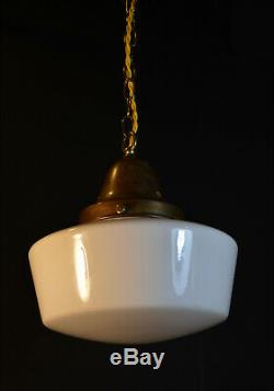 Vintage 40s art deco school house lantern light pendant Opaline milk glass shade