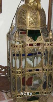 Vintage 58 XXLarge moroccan brass Floor lantern With Clear And Colored Glass