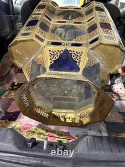 Vintage 58 XXLarge moroccan brass Floor lantern With Clear And Colored Glass