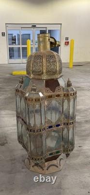 Vintage 58 XXLarge moroccan brass Floor lantern With Clear And Colored Glass